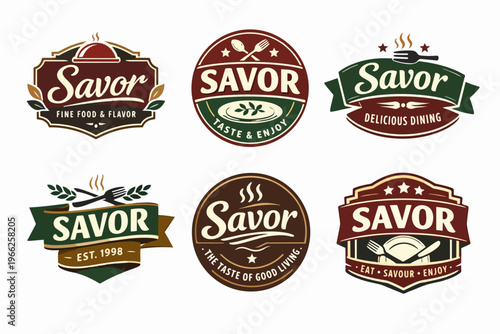 Savor food and dining logo collection. Set of vintage badges and emblems featuring culinary symbols for restaurants, gastropubs, and cafes