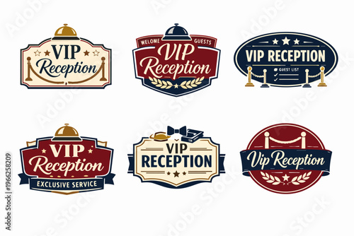 Vip reception exclusive service badges set illustrating luxury events, premium welcome, and special guest access