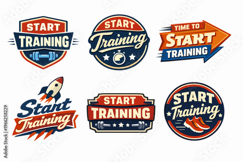 Set of fitness and workout club labels and emblems. Start training vector badges promoting sport and exercise activity