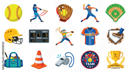 A vibrant collection of softball-related icons and illustrations, showcasing equipment, players, and game elements.