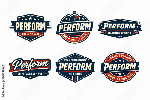 Perform concept collection displaying athletic badges and emblems for sport, fitness, motivation, and training success