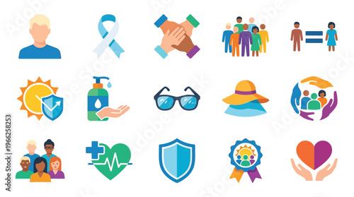A collection of diverse icons representing health, safety, community, and well-being, including symbols for unity, protection, and human rights.