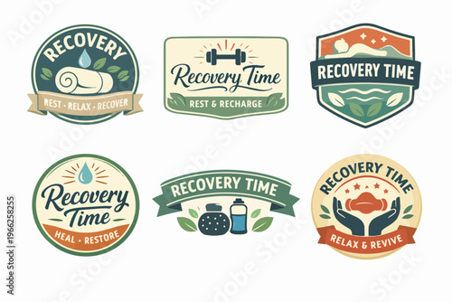 Collection of recovery time logos presenting concepts of wellness, relaxation, fitness, and health on a white background