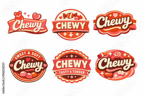 Set of sweet chewy candy logos and badges with cute design elements for food branding and packaging