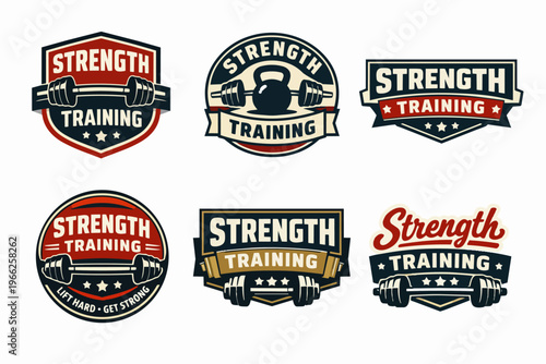 Strength training emblems set featuring barbells and kettlebells for gym, fitness, and bodybuilding branding