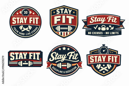 Collection of vintage gym and fitness badges with stay fit typography, symbolizing strength, health, and workout motivation