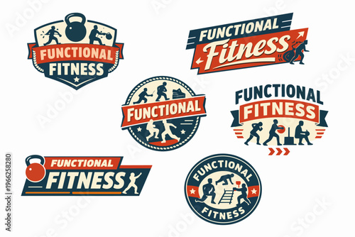 Functional fitness logos set in retro style, symbolizing strength, endurance, and various training methods