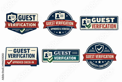 Guest verification labels collection presenting identity confirmed, approved and verified security badges for successful check-in