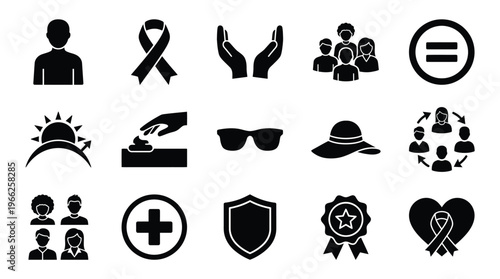 A collection of black and white icons representing various social causes, health awareness, and community support.