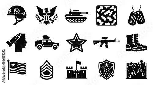 Collection of military-themed icons including a helmet, eagle emblem, tank, camouflage pattern, dog tags, salute, vehicle, star, rifle, boot, flag, rank insignia, castle, shield, and tactical scene.