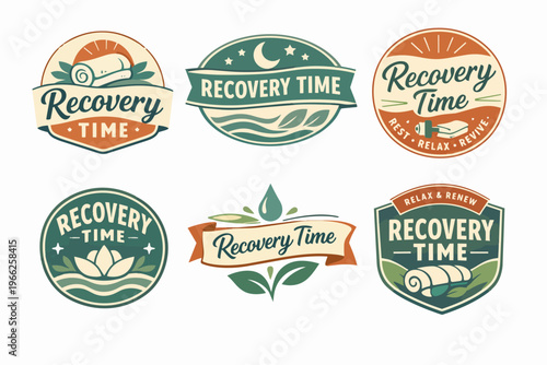 Collection of recovery time badges and labels in a vintage style, symbolizing rest, wellness, and self-care