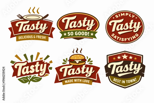 Tasty food logos collection. Vintage and retro style emblems for restaurants, cafes, or fast food branding