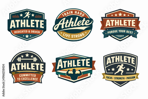 Athlete badges collection showing runners, bodybuilders, and barbells for sports and fitness motivation designs