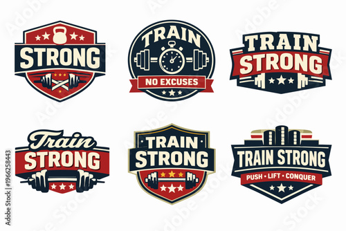 Gym and fitness emblems set, vector badges for strength training, bodybuilding, and workout motivation