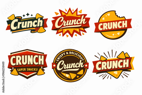 Crunch snack food brand logos collection offering vintage style badges and labels for crispy snacks and chips