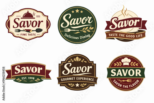 Savor food and restaurant logo collection, a set of vintage culinary badges for fine dining and gourmet experience