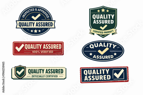 Quality assured labels and badges offering certification, guarantee, and verification for products and services
