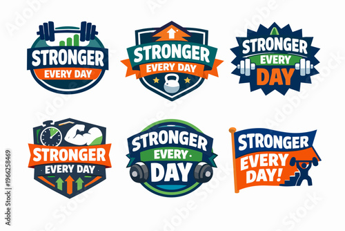 Fitness and gym logo collection offering variations of the stronger every day motivational design for workout and health concepts
