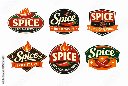 Spicy food labels set with pepper, chili, and flames elements, illustrating hot, bold, and flavorful cooking
