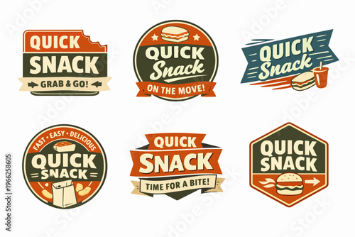 Quick snack logo set featuring fast food, street food, and takeaway emblems for restaurants and cafe branding