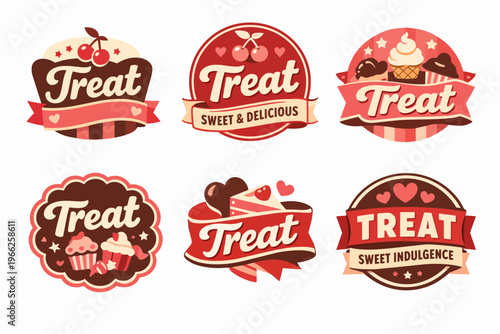 Sweet dessert treat sticker and badge collection for candy, bakery, confectionary, and pastry shop branding