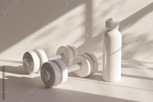Modern monochrome composition with white dumbbells and water bottle in soft light, inspired by Color of the Year 2026 trend.