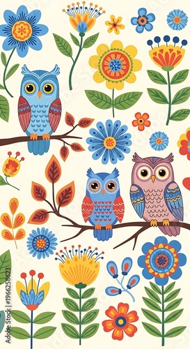 Charming Owls and Flowers Pattern Whimsical Woodland Creatures Art.