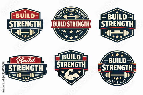 Collection of build strength gym logos and emblems with barbells, biceps, stars, and motivational typography