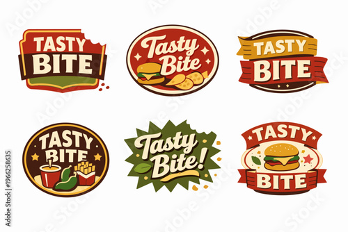 Vintage style fast food tasty bite emblems. Creating food branding for restaurants, cafes, and snack shops with classic design