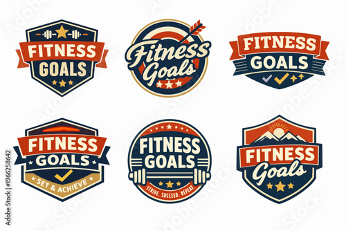 Fitness goals badge collection, vintage style sport and workout challenge labels, active lifestyle motivation