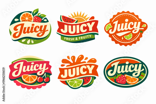 Juicy fruit drink label design set promoting fresh natural beverages for healthy lifestyle and summer refreshment