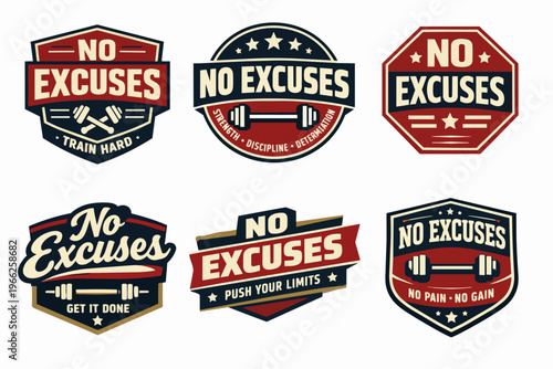 Fitness badges collection featuring no excuses slogan and workout symbols, motivating strength and health