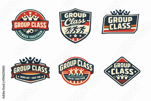 Collection of six vintage-style group class logos showing people working out, running, training, and having fun together
