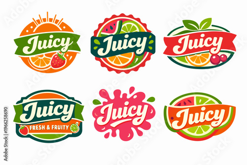 Juicy fruit labels collection expressing freshness, natural ingredients, organic quality, and healthy beverages