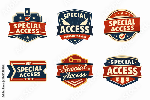 Collection of vintage special access and vip authorized entry badges, labels, and stamps for restricted areas