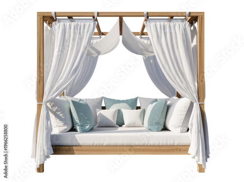 фотографія Isolated luxurious wooden outdoor daybed with draped white canopy curtains and s