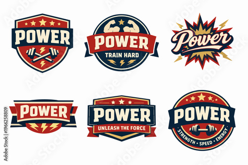 Power and strength fitness emblems collection, vintage style sport and gym labels with dumbbells, muscles, and stars