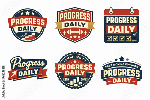 Progress motivation daily emblems set for fitness challenge, workout routine, and personal development goals