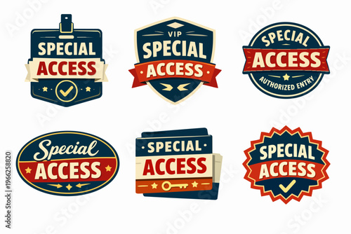 Special access collection with vintage style badges and labels granting vip privileges or authorized entry