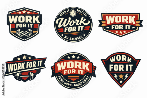 Collection of retro work for it badges and fitness logos with dumbbells, stars, and timepieces, symbolizing workout mindset and dedication