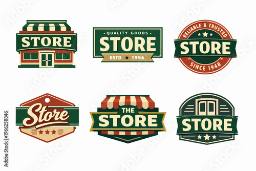 Six different store logo designs in a vintage style, using green, red, and cream colors, ideal for retail branding