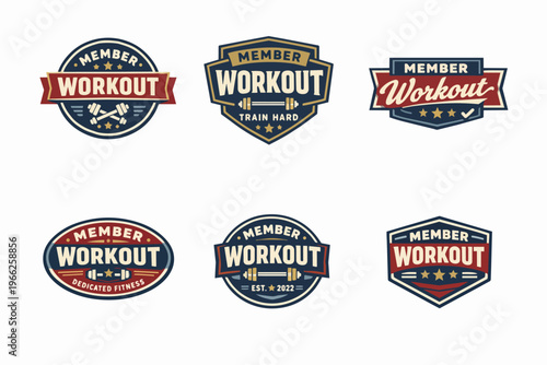 Collection of stylized member workout badge logos featuring dumbbells, stars, and text for fitness, gym, and health club branding