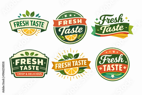 Set of fresh taste labels with citrus elements and green leaves, ideal for organic food packaging and healthy products