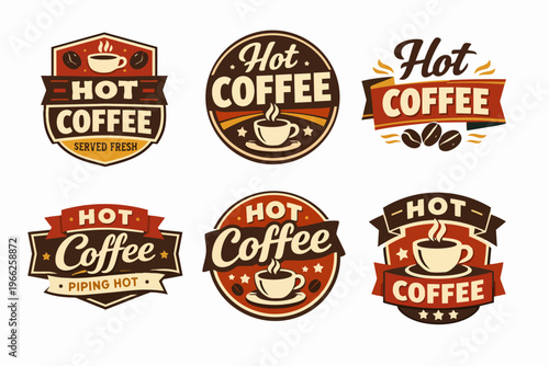 Hot coffee labels and badges set in vintage, retro style, featuring fresh served hot drinks and coffee beans