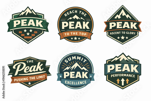 Set of retro mountain peak badges symbolizing reaching the top, pushing limits, and striving for high performance and success