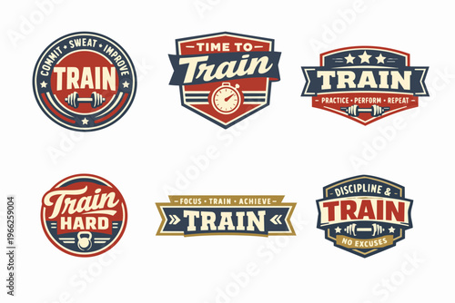 Fitness and gym training badge collection with motivational quotes and workout symbols inspiring dedication and strength