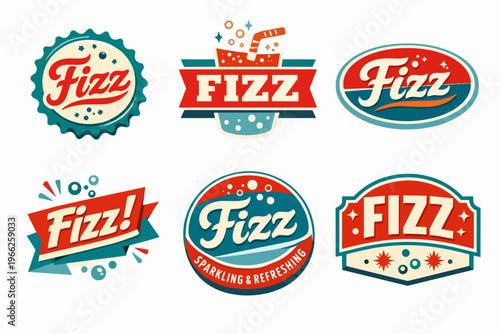 Collection of fizz logo designs in vintage retro style for soft drinks, sparkling water, or refreshing beverages
