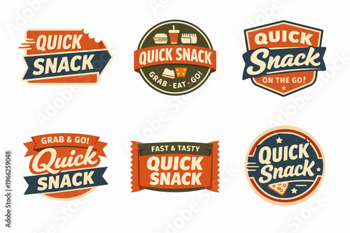 Quick snack logo badges displaying retro style for fast food and grab-and-go options, perfect for branding