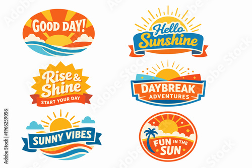 Set of vector illustrated sunshine logos and emblems for travel, vacation, holiday, and good morning themes