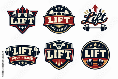 Set of six vintage style gym logos featuring barbells, dumbbells, and inspiring text for fitness and weightlifting clubs